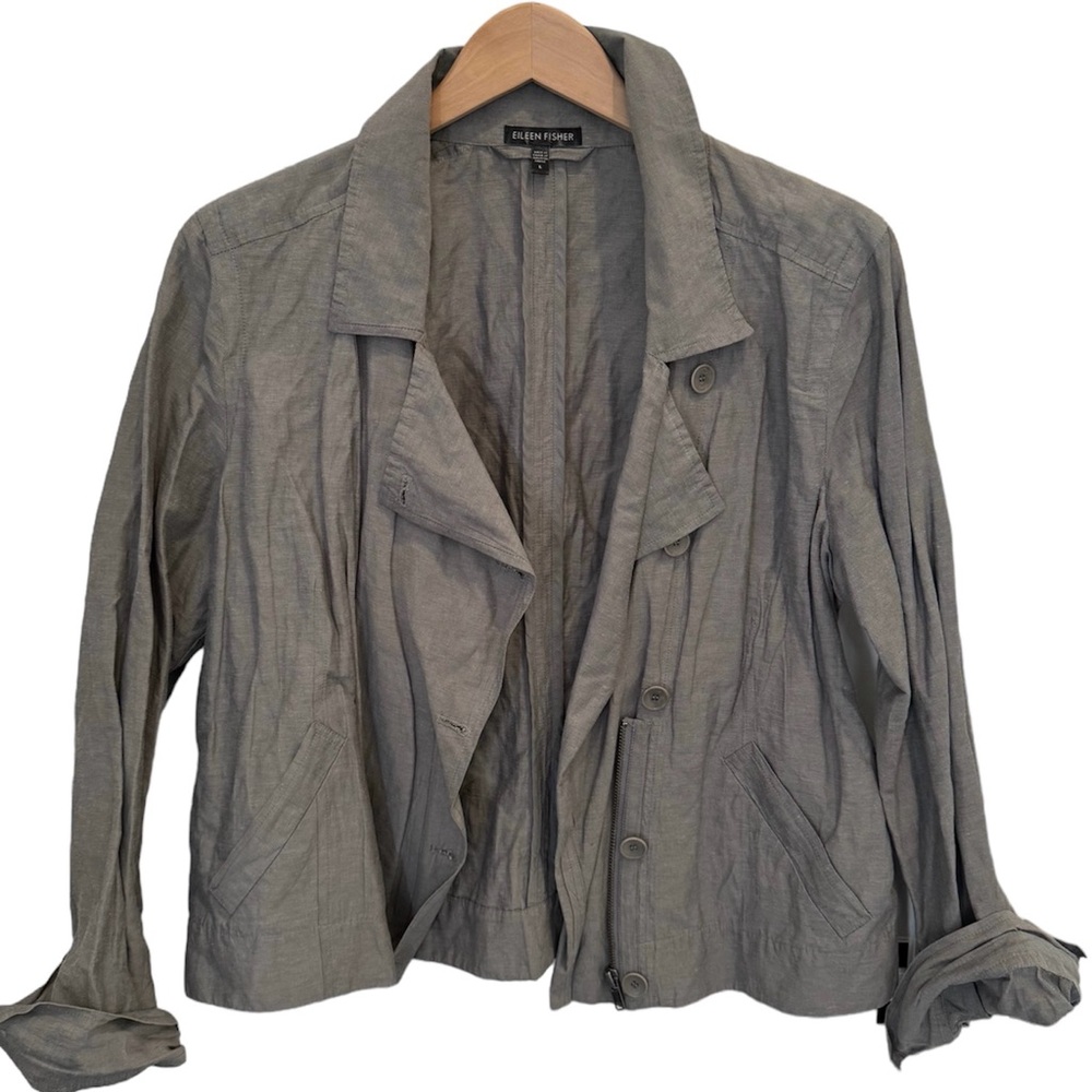 Eileen Fisher Sz L Pewter Moto Organic Cotton Steel Convert Collar Jacket